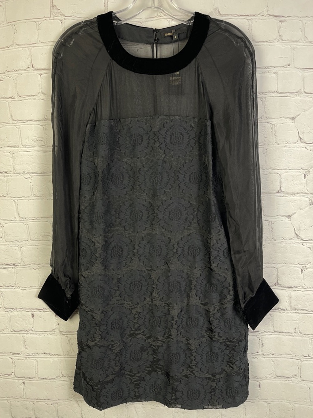 MAJE Kendra black lace & sheer velvet trim mini dress, size S